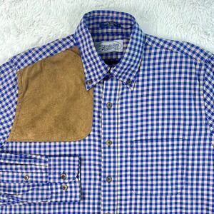 Chesapeake Bay Hunting Shirt Men's SMALL Blue Tan Gingham‎ Check Shoulder Patch
